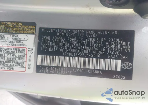 2007 Toyota Camry Le из США, поврежденный, VIN 4T1BE46K27U145016